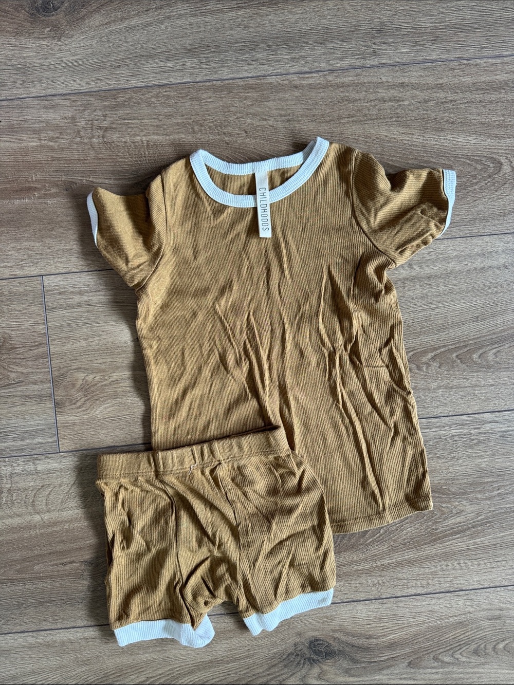 Children's Two-Piece Ribbed Pajama Set in Mustard with White Trim